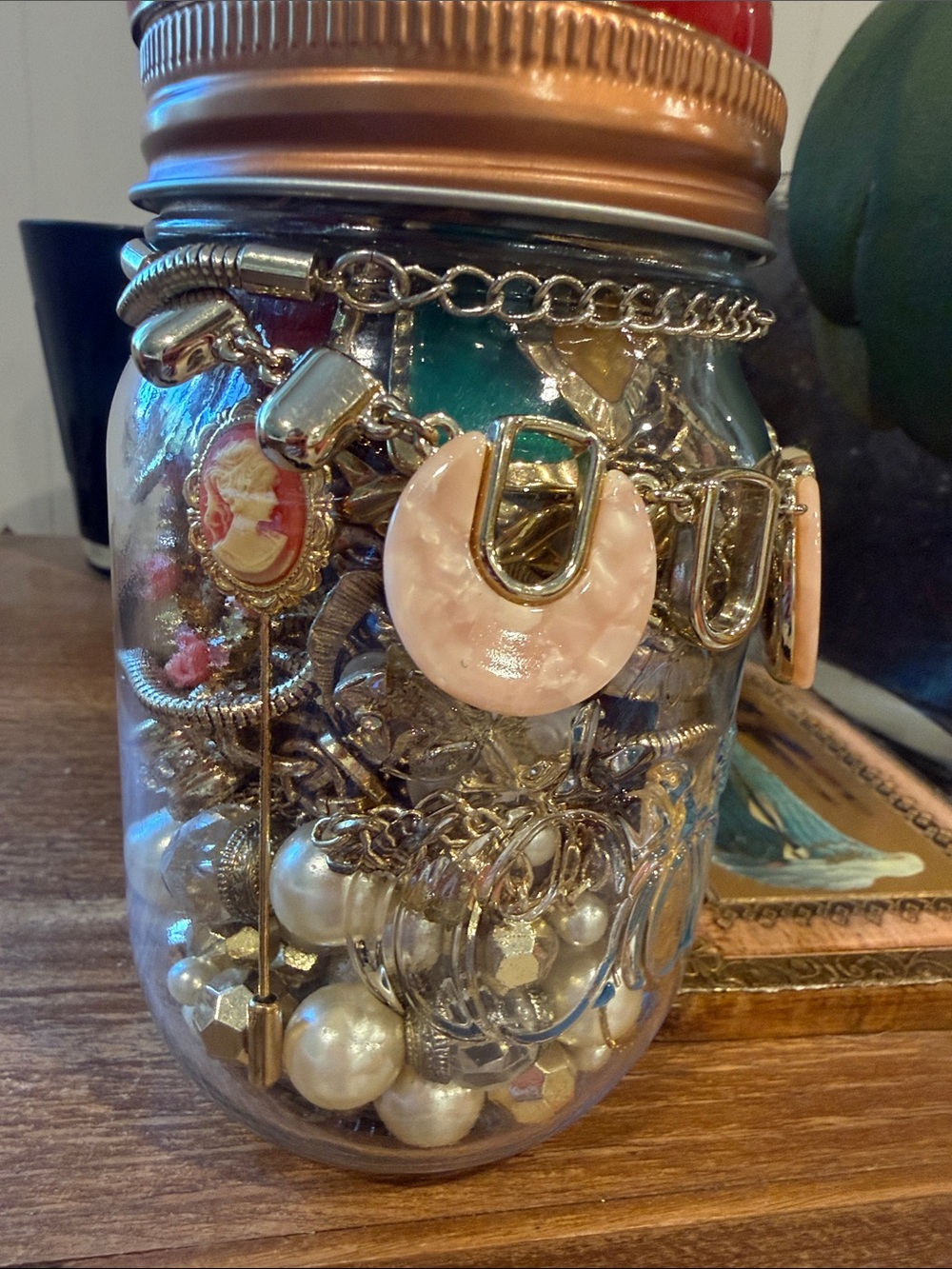 “Falling” in love vintage to new mystery golden tone mystery jewelry jar